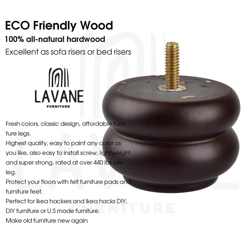 La Vane 3 Inch / 7cm Round Chunky Bun Feet - 4.5" Wide, 50% Wider for Maximum Stability & 1000LB Capacity - 4PCS Solid Wood Furniture Legs for Heavy Duty Sofa, Ottoman, Cabinet - Image 3